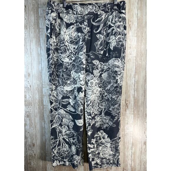 Loft Wide Leg Cropped Pants Womens M Gray Botanical Floral Elastic Waist Lyocel - Picture 1 of 9